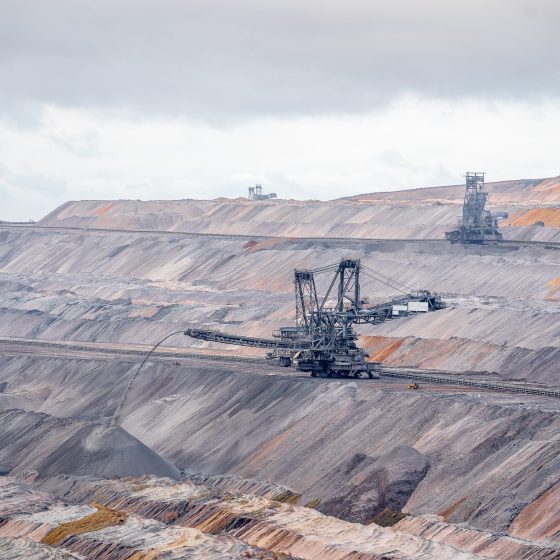 A wide angle shot of excavation machines in the Lookout Jackerath Garzweiler Skywalk in Germany
